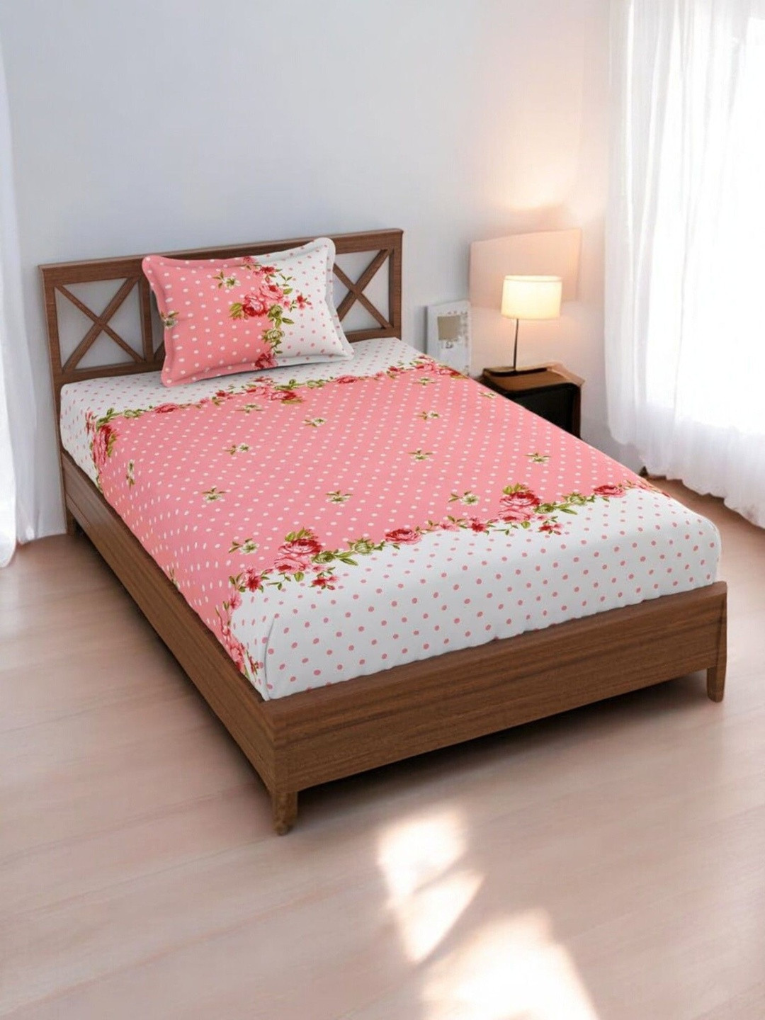 Homybees Pink 220 TC Floral Polka Dots Single Bedsheet with 1 Pillow Cover
