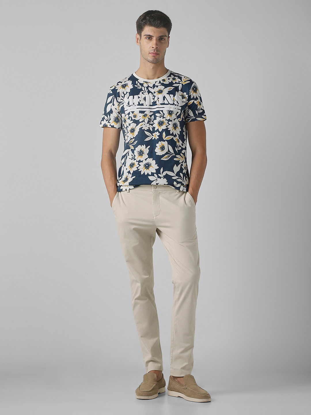 Mufti Slim Fit Floral Printed Cotton Casual T-shirt