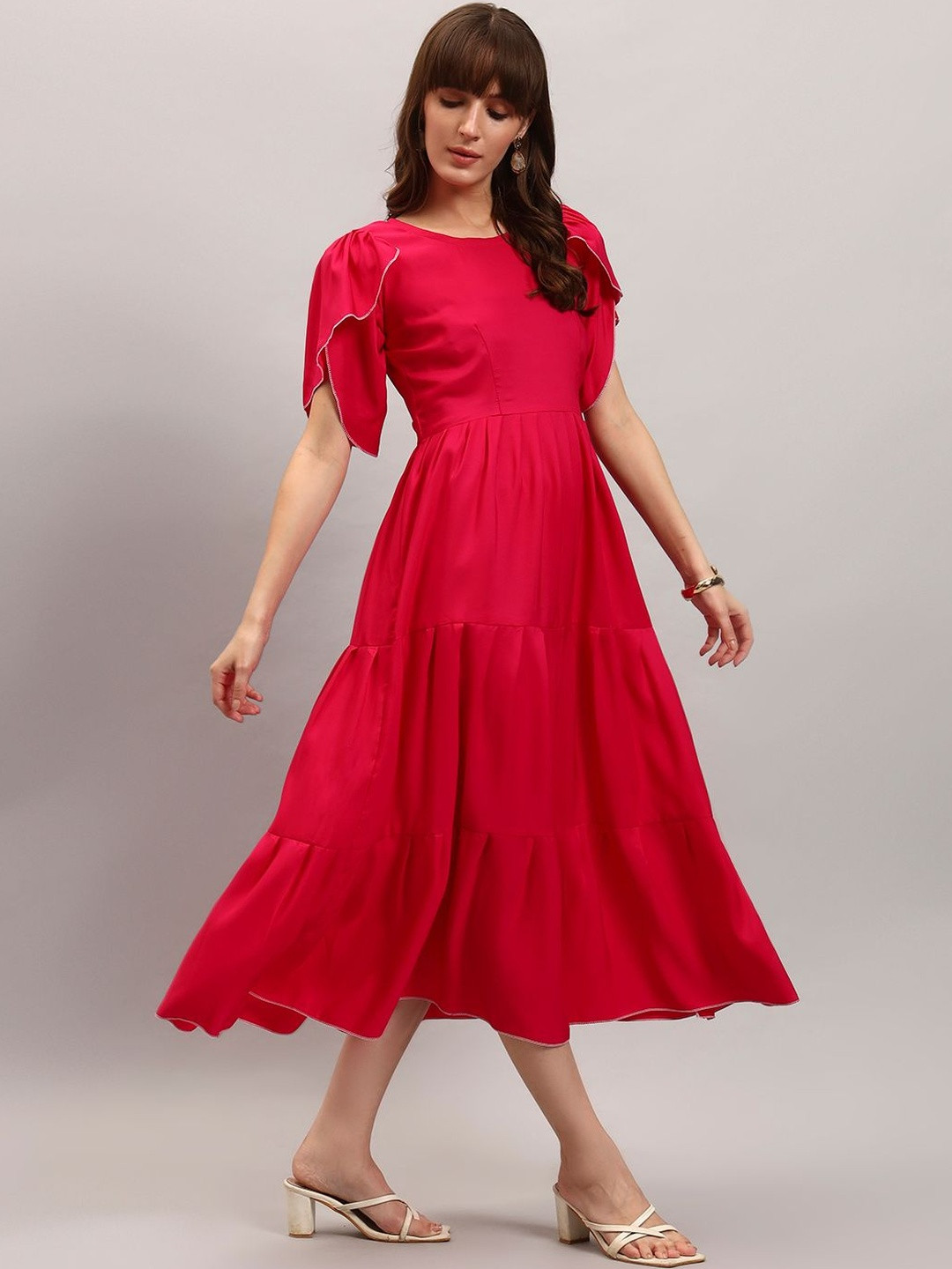 Jash Creation Flutter Sleeve Crepe A-Line Midi Dress