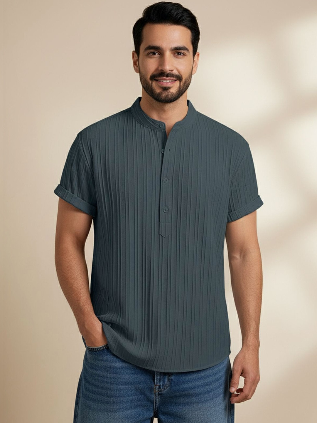 WEBRIC Men Striped Thread Work Kurta