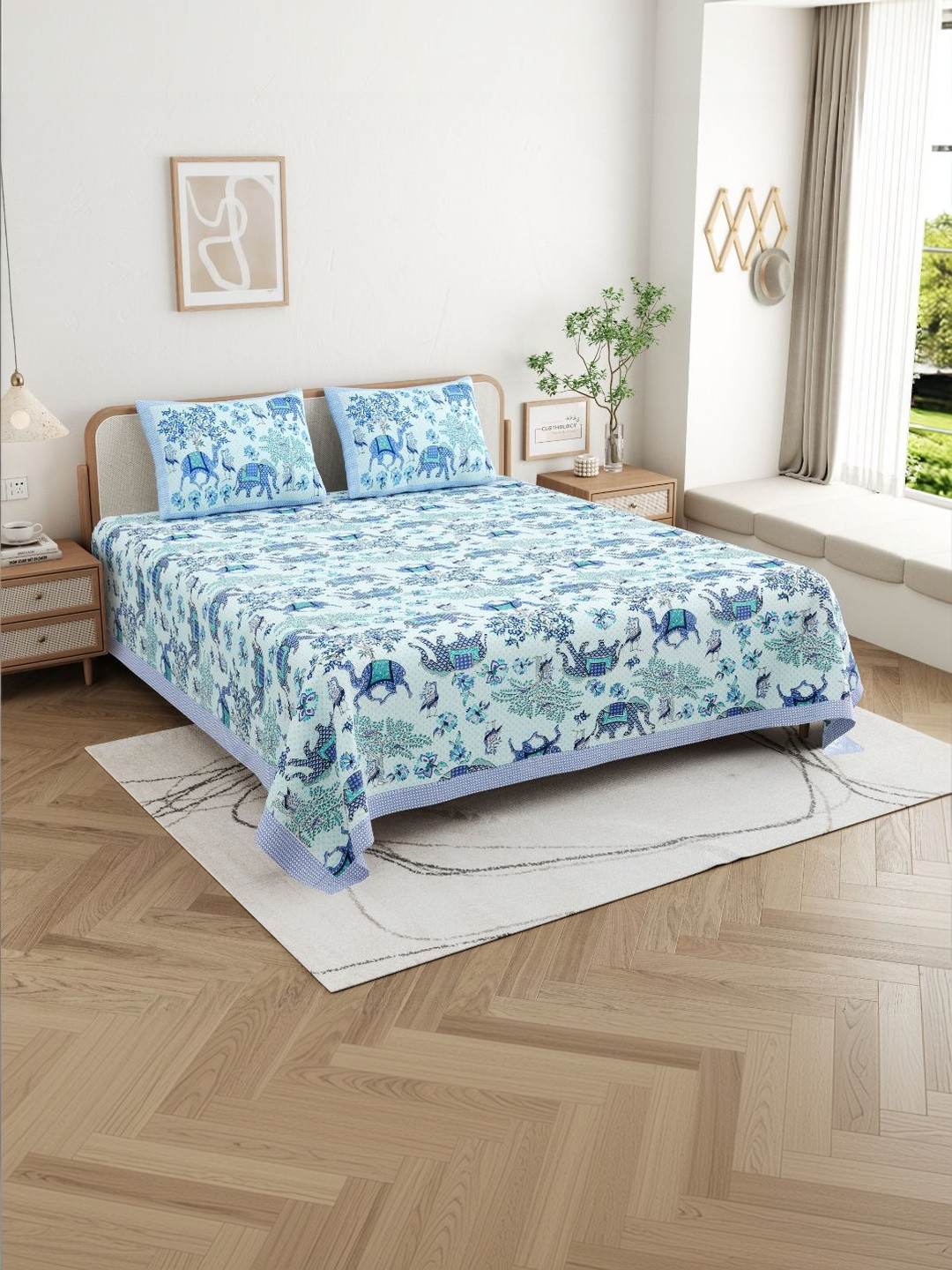 CLOTHOLOGY Aqua Teal Heritage Animal Motif Royal Caravan Collection Cotton Double Flat 180 TC Jaipuri Prints Bedsheet Set