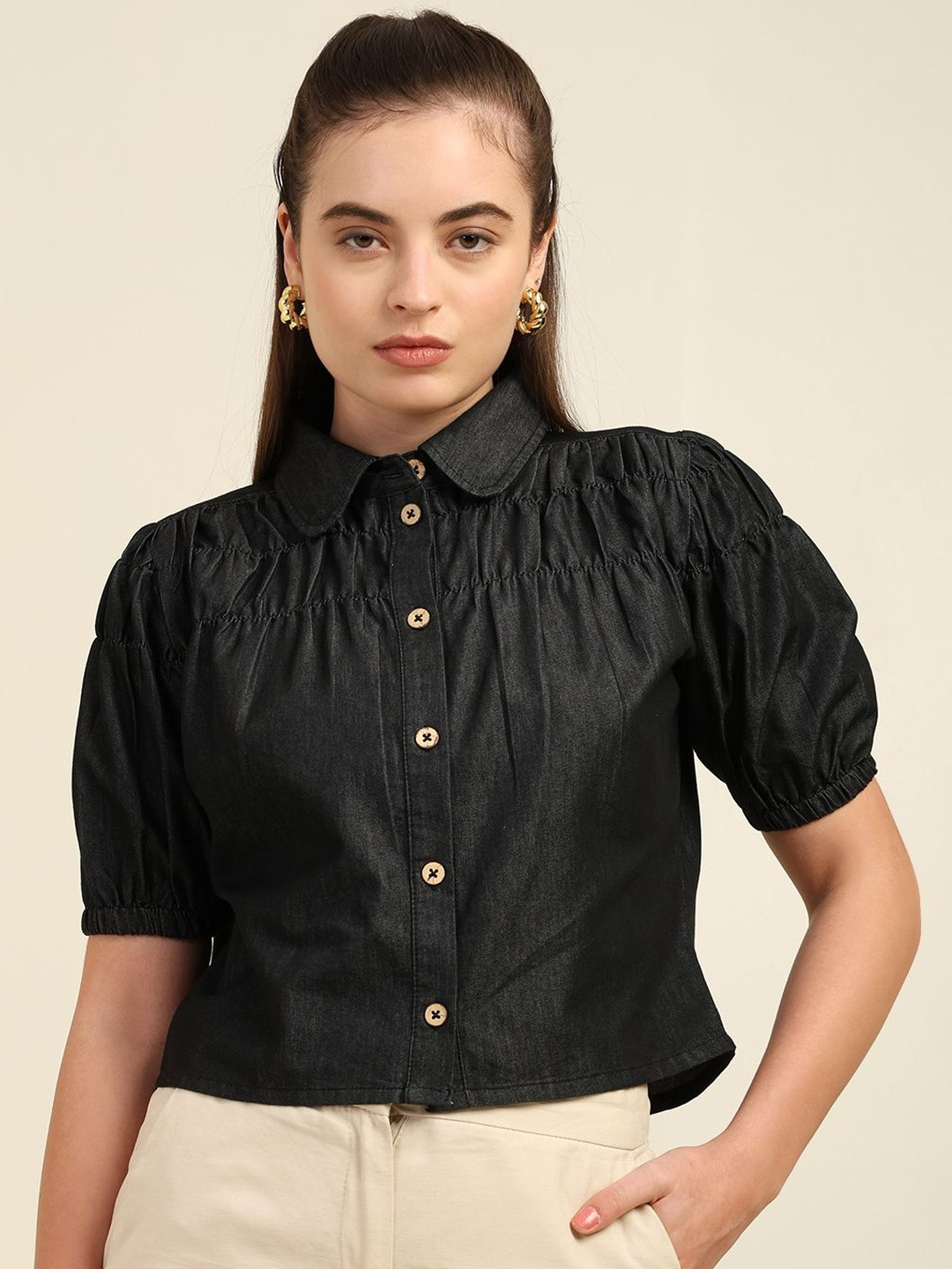 7OUNCE Peter Pan Collar Puff Sleeve Denim Crop Top