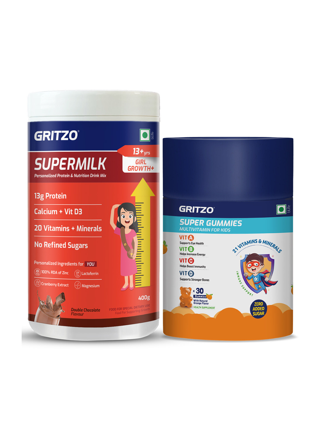 Gritzo SuperMilk Growth+ 13+ Girls 400g Double Chocolate with Gummies Pack of 2