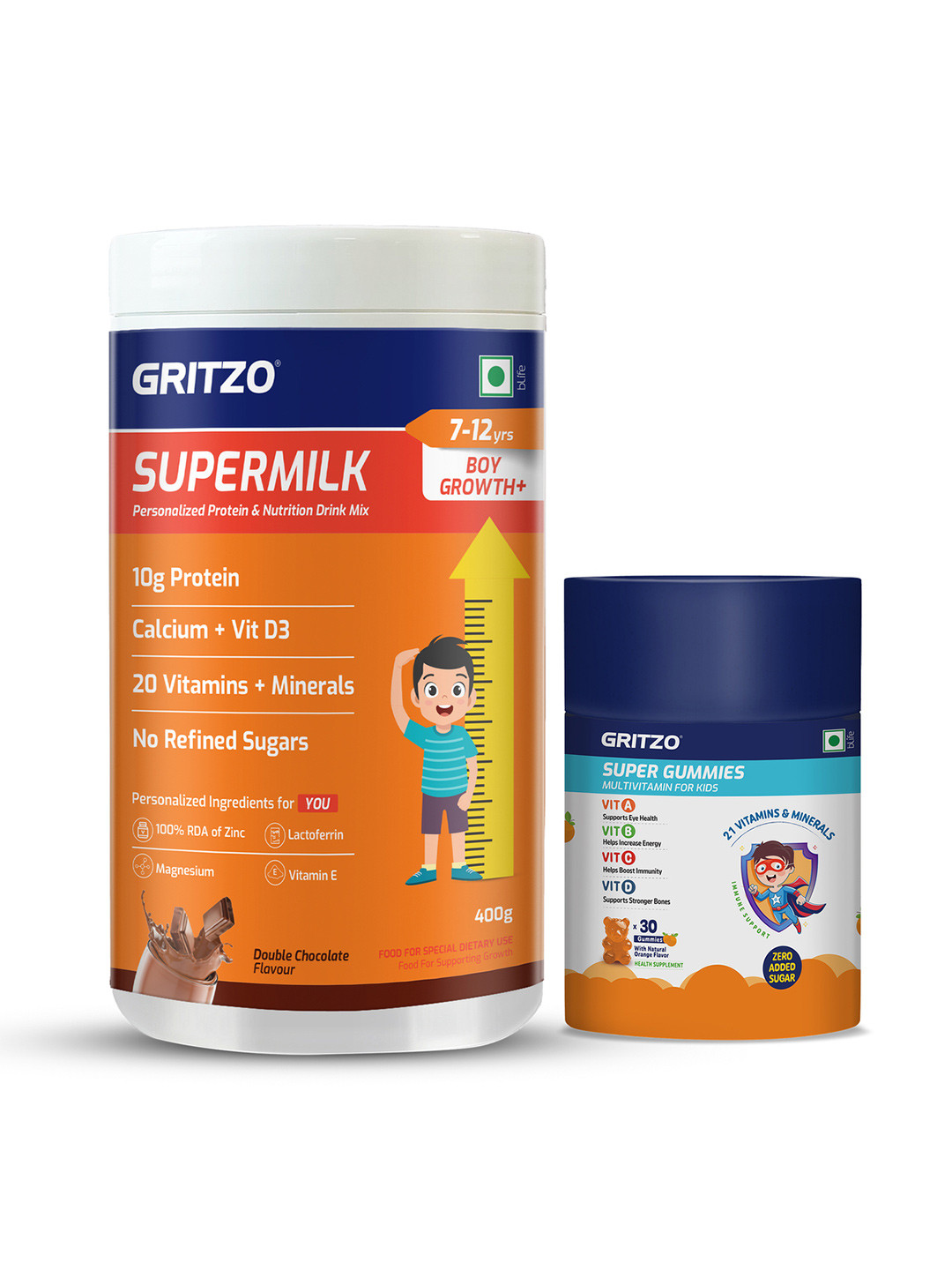 Gritzo SuperMilk Growth+ 7-12 Boys 400g Double Chocolate with Gummies Pack of 2