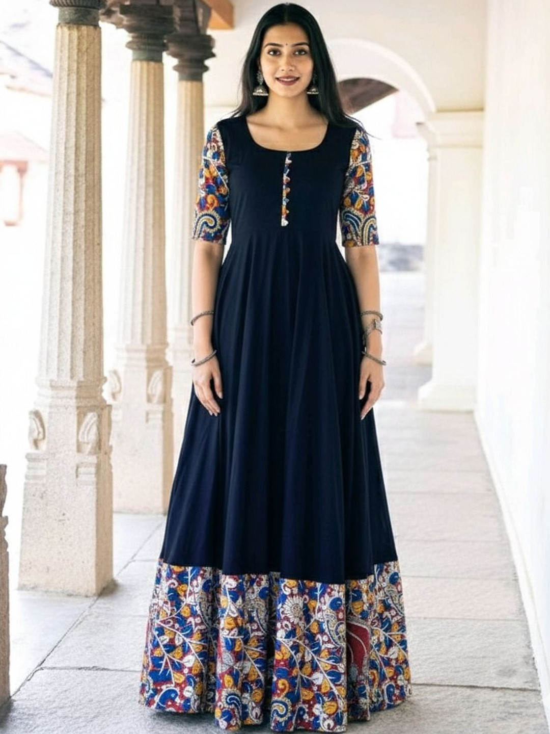KRIVANSH STORE Ethnic Motifs Colourblocked A-Line Maxi Dress