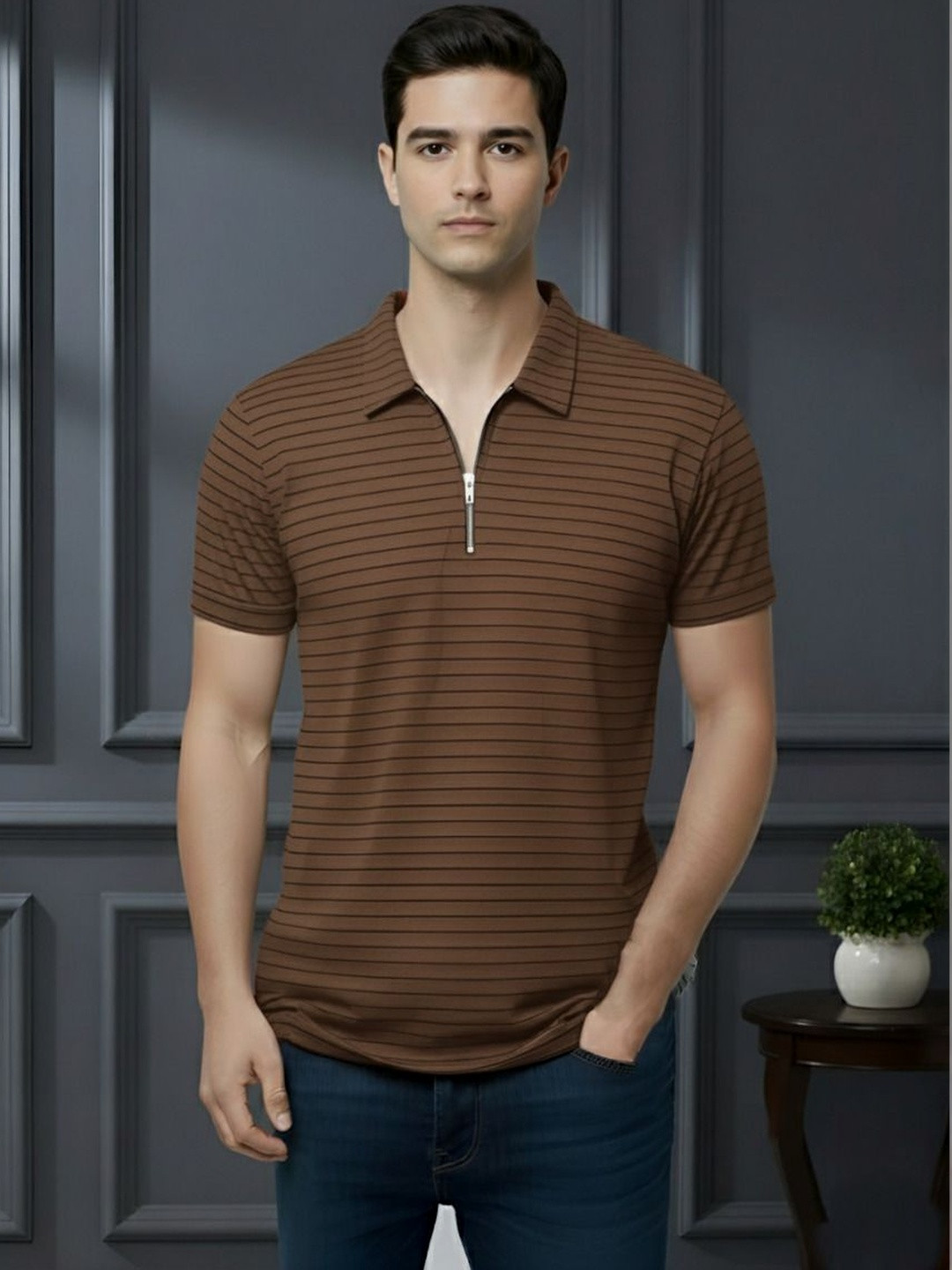 PTVIZE Men Striped Polo Collar T-shirt