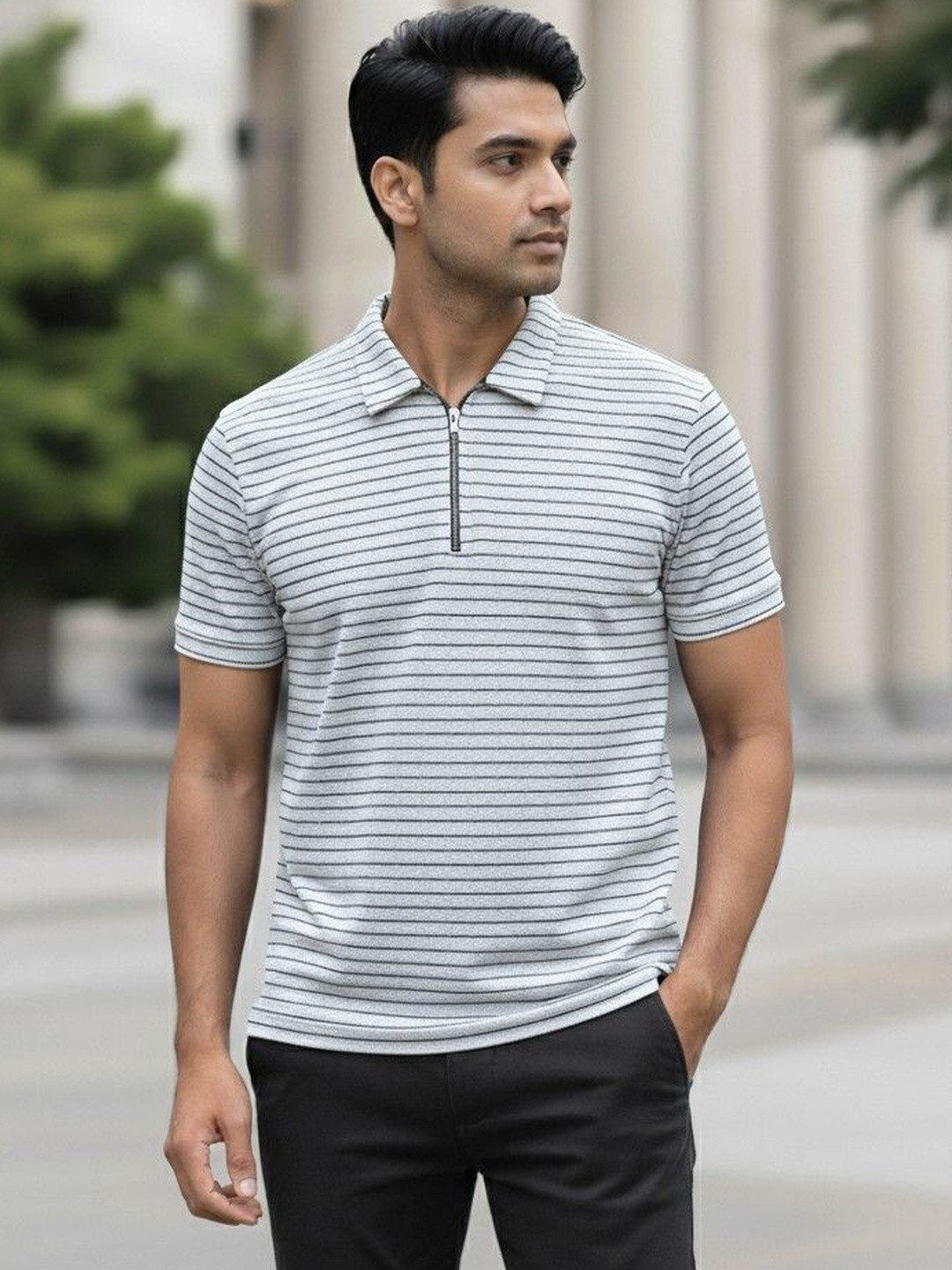 PTVIZE Men Striped Polo Collar T-shirt