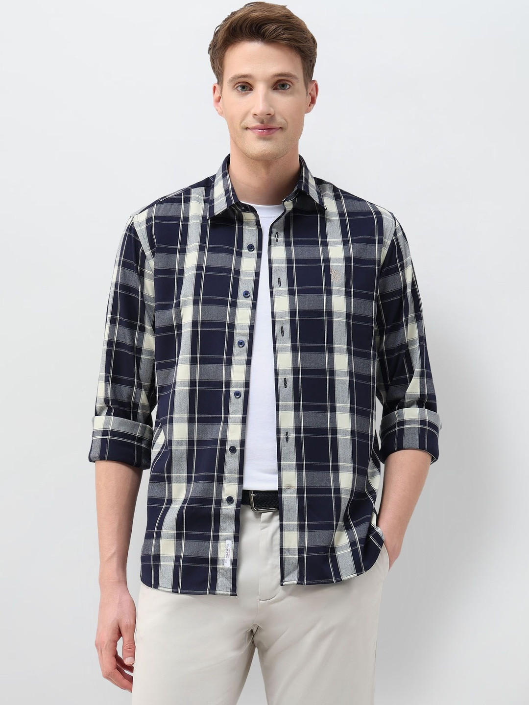 U.S. Polo Assn. Men Tailored Fit Windowpane Checks Checked Casual Shirt