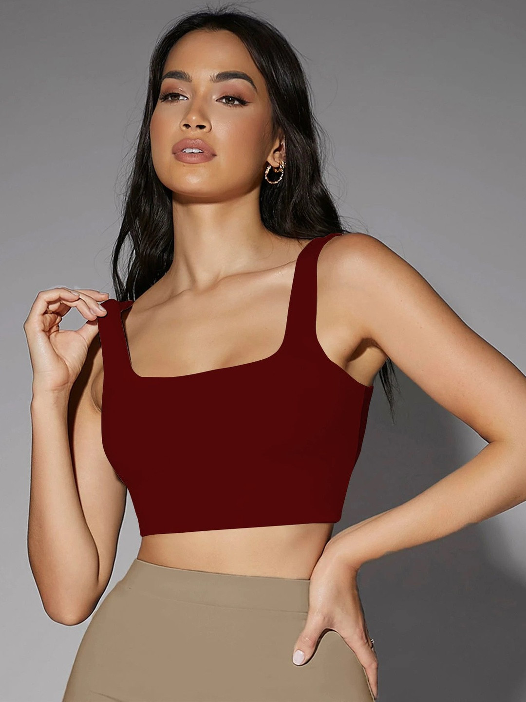 KERI PERRY Ribbed Solid Sleeveless Lycra Crop Top