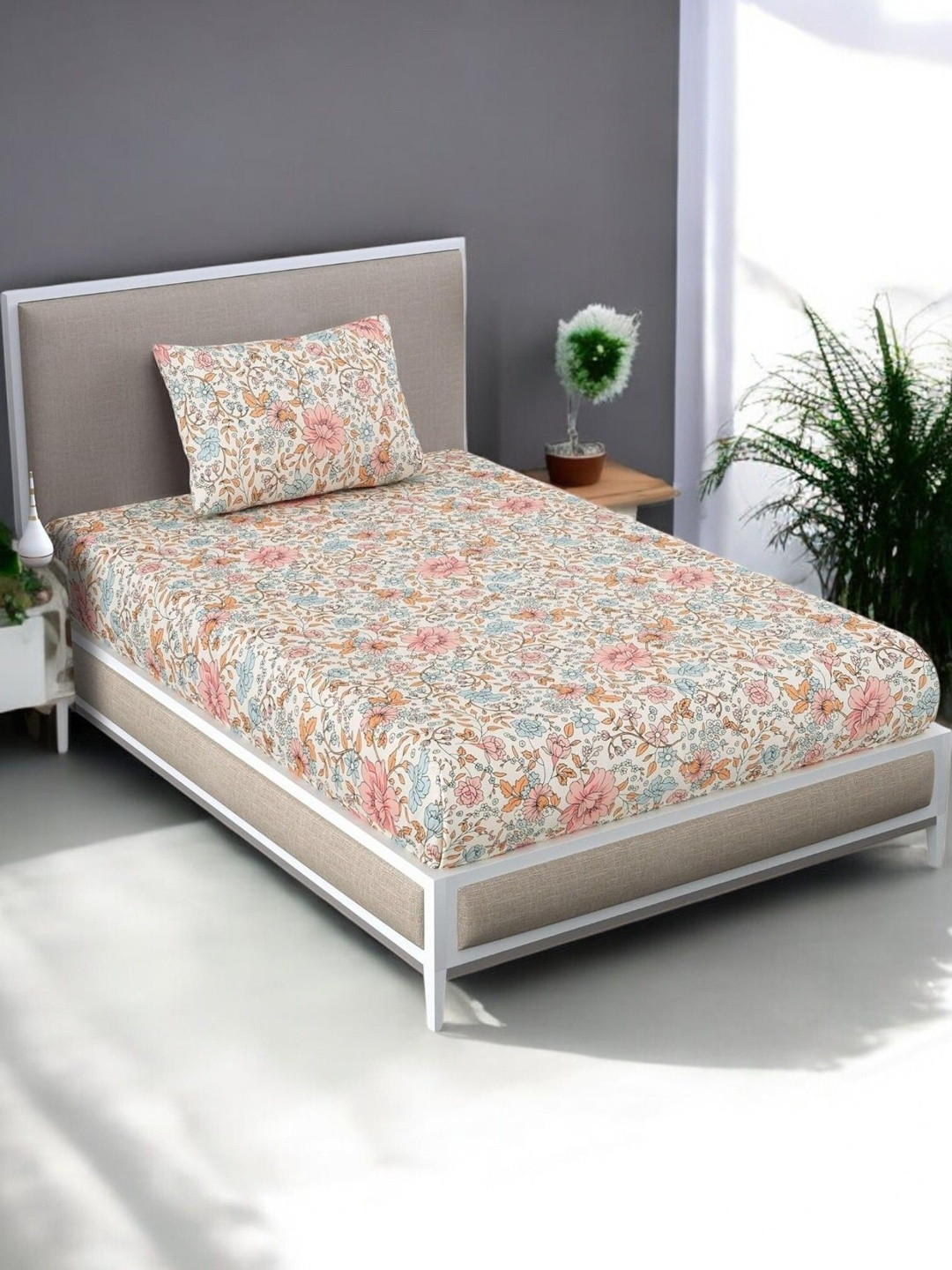 Homybees Cream-Coloured Floral 220 TC Single Bedsheet with 1 Pillow Covers