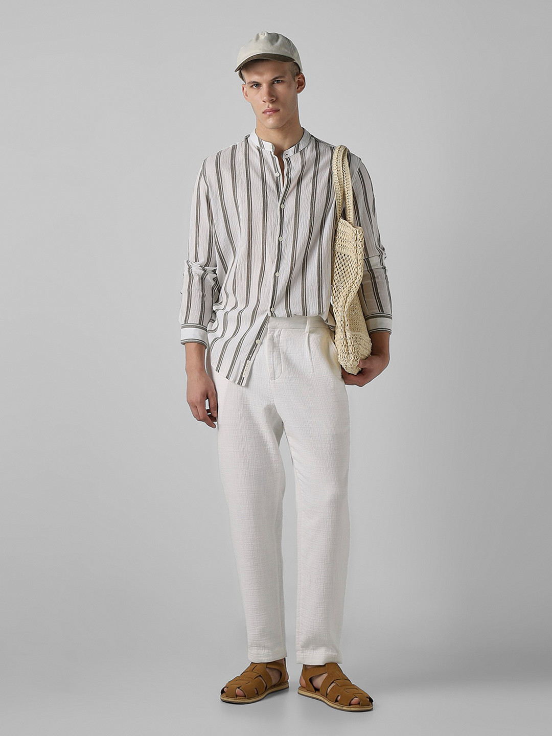 Mufti Men Vertical Striped Mandarin Collar Cotton Casual Shirt