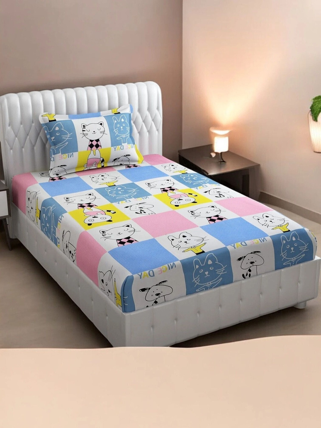 Homybees Multicolor 220 TC Animal Print Single Bedsheet with 1 Pillow Cover