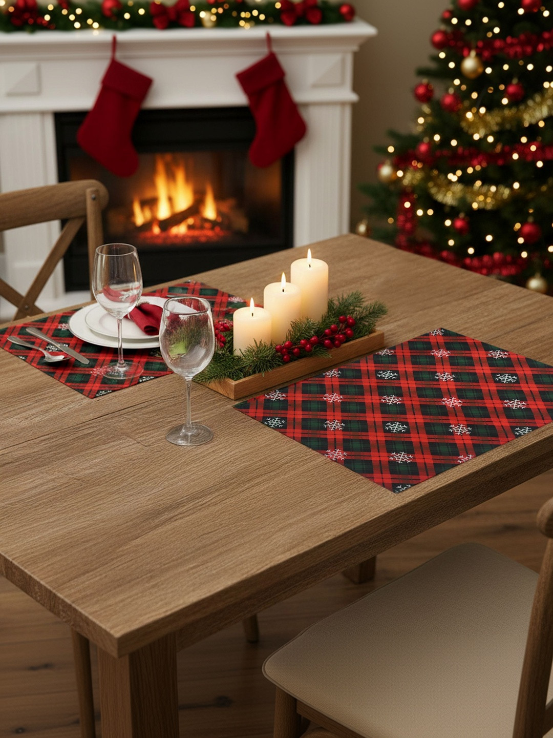 PRAKARTIK 2Pcs Red & Green Checked Rectangle Table Placemats