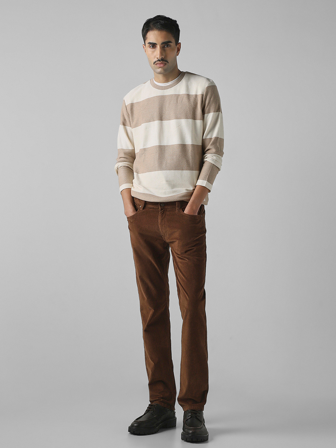 Mufti Men Striped Round Neck Cotton Slim Fit T-shirt