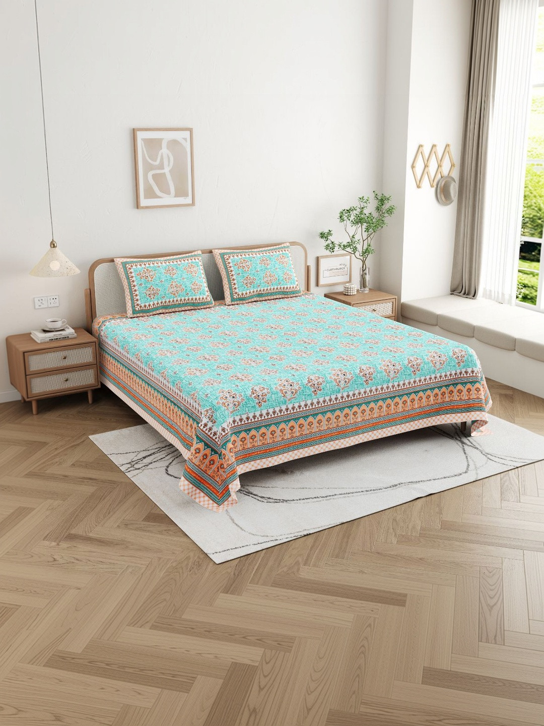 CLOTHOLOGY Azure Turquoise Floral Royal Aangan Cotton Double Flat 180 TC Jaipuri Prints Bedsheet Set