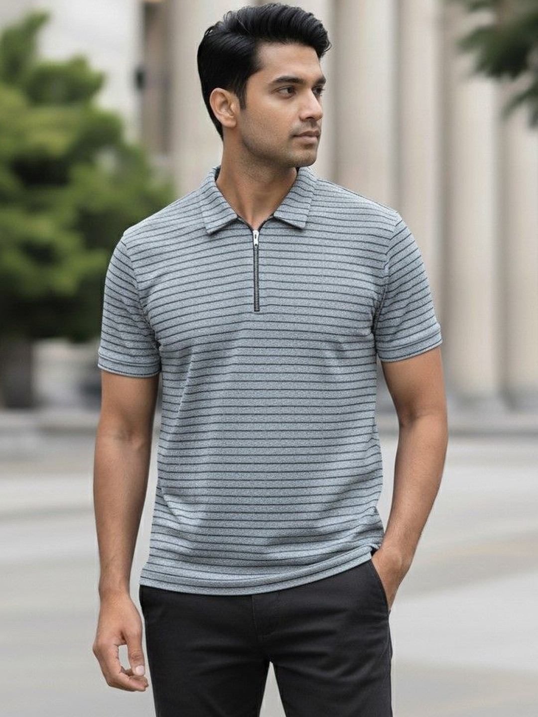 PTVIZE Men Striped Polo Collar T-shirt