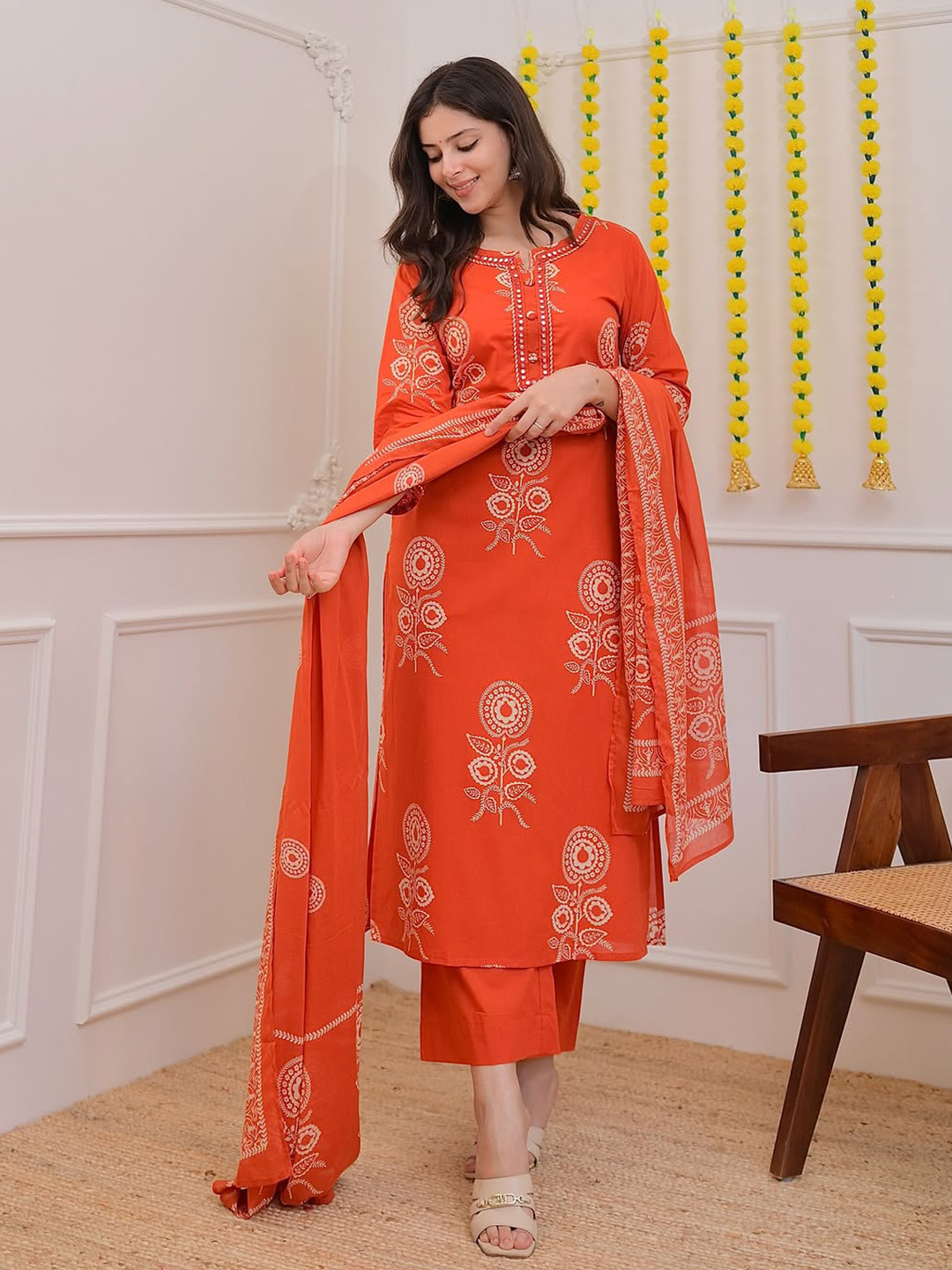 MST Women Floral Printed Regular Pure Cotton Kurti with Trousers & Dupatta
