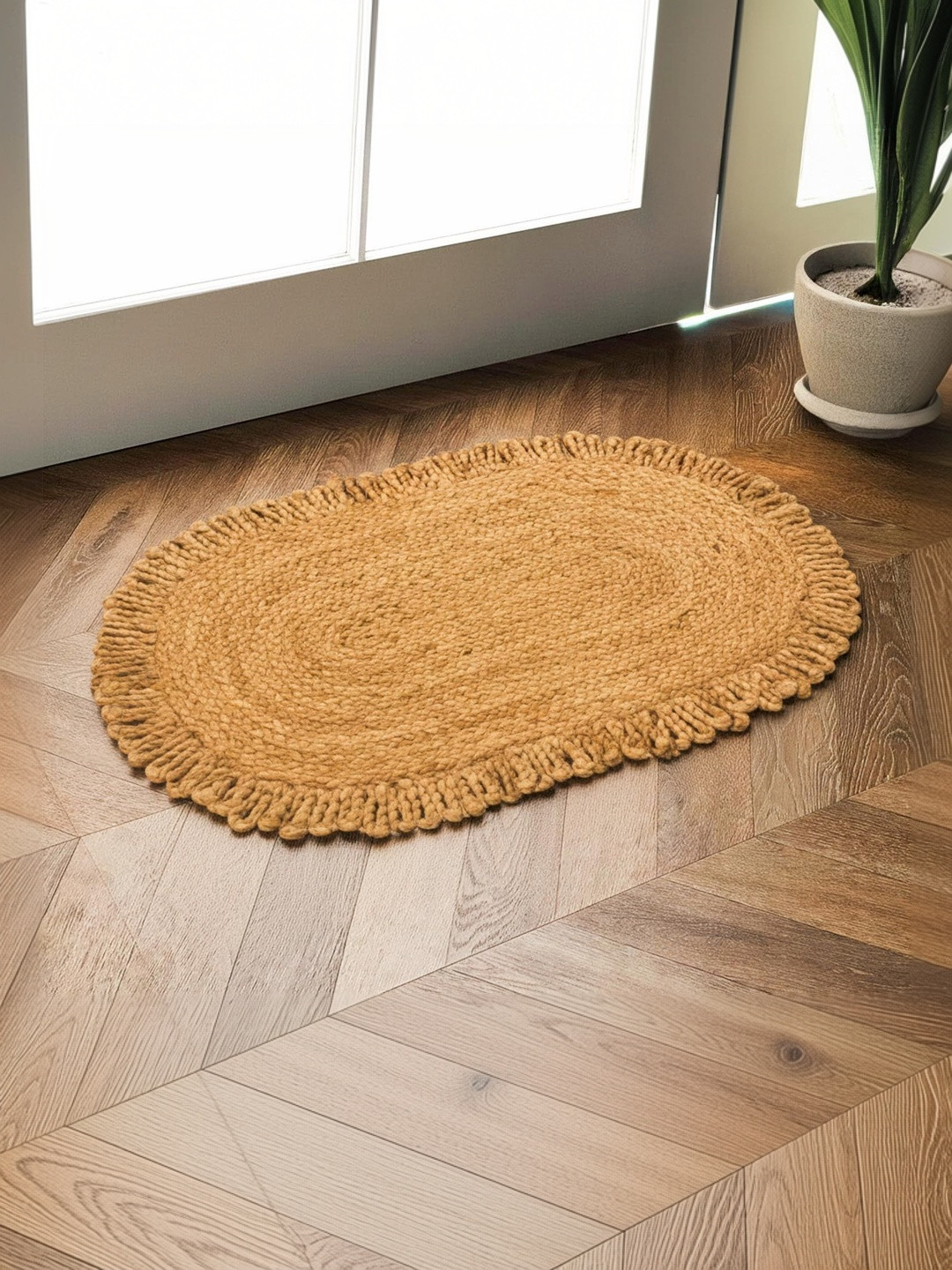 prettykrafts Beige Anti-Slip Eco-Friendly Jute Oval Doormat