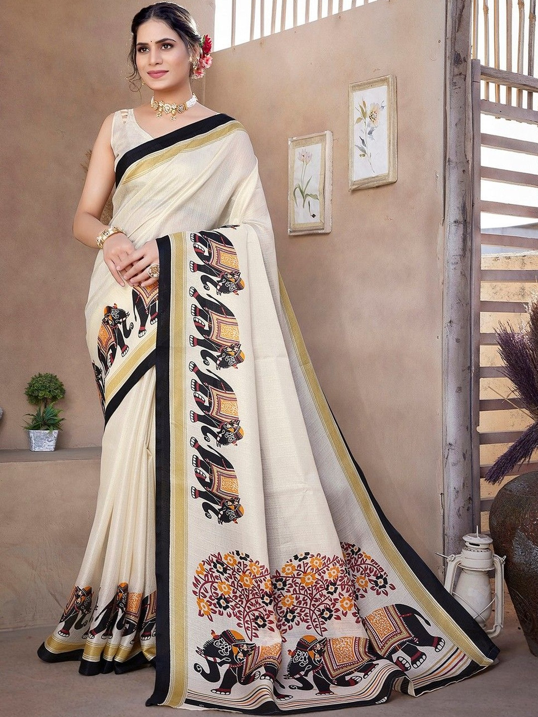 JANOI Ethnic Motifs Art Silk Fusion Fashion Saree