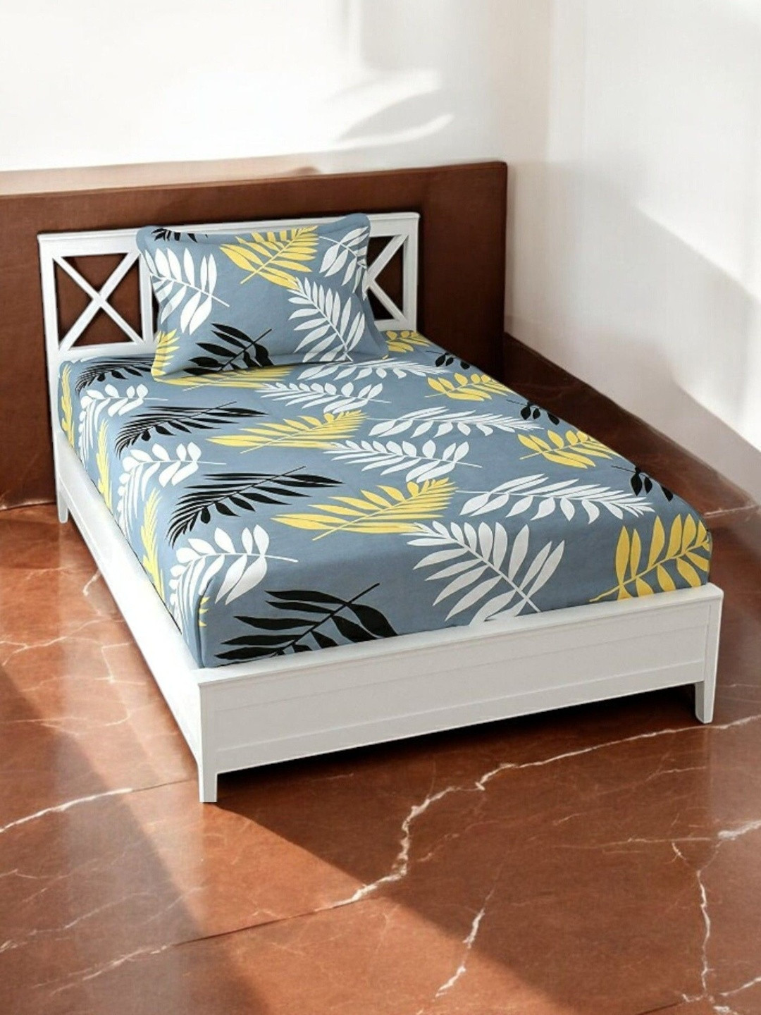 Homybees Grey 220 TC Single Floral Leaf Single Bedsheet with 1 Pillow Cover