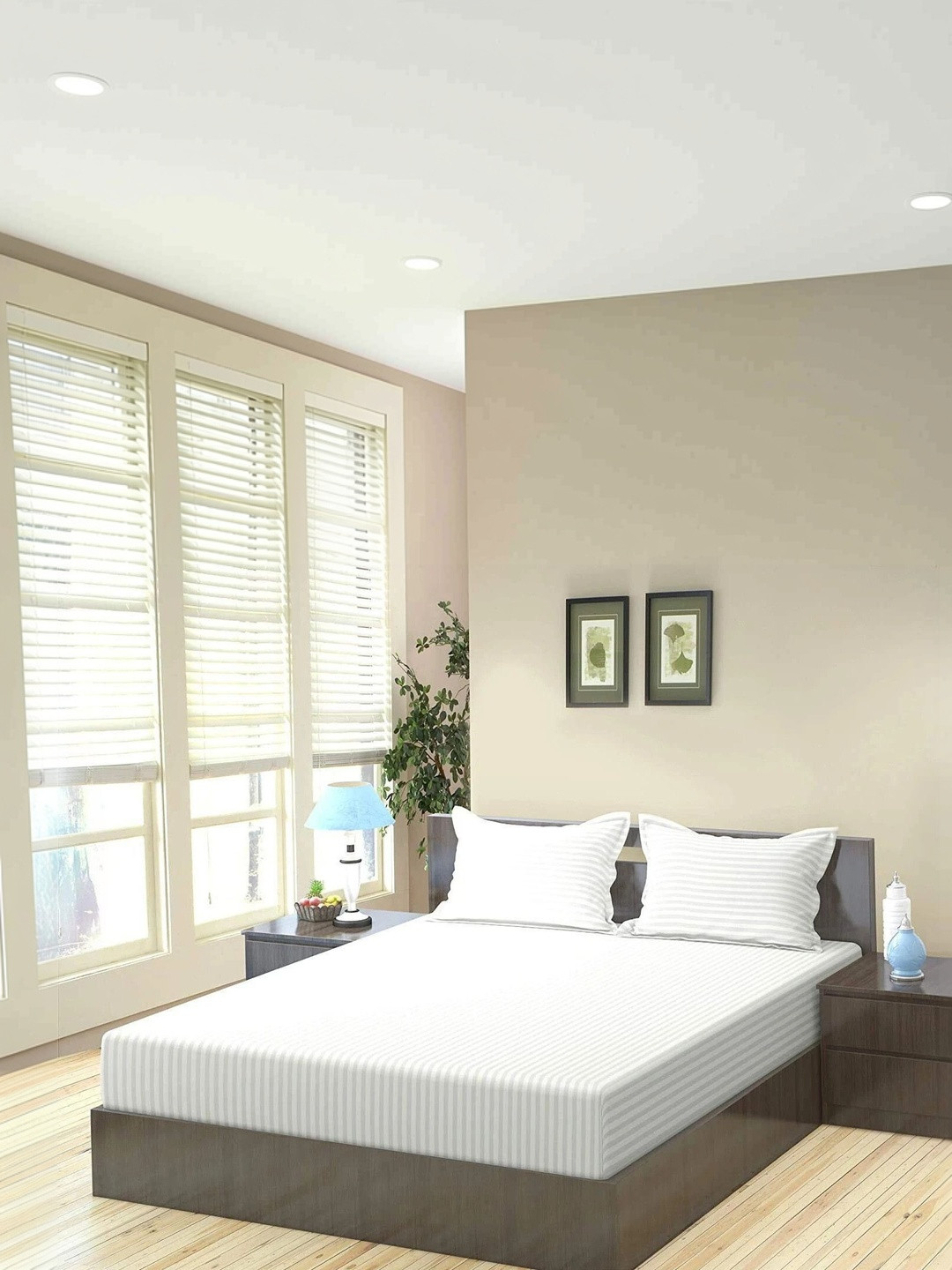 Homybees White Striped 220 TC Bedsheet with 2 Pillow Covers
