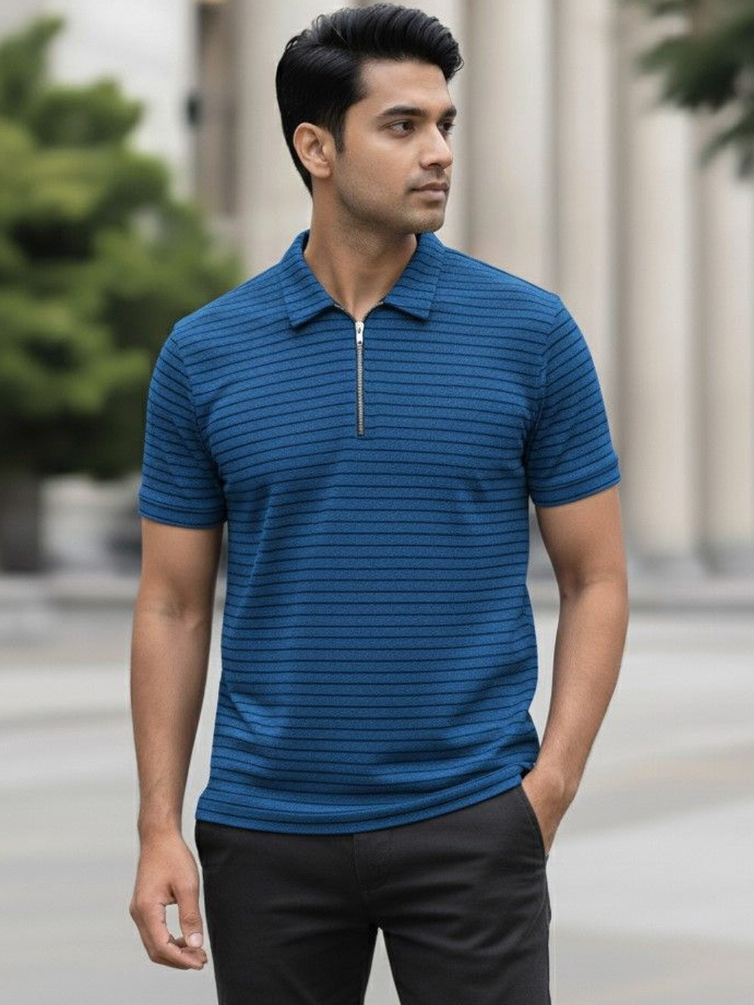PTVIZE Men Striped Polo Collar T-shirt