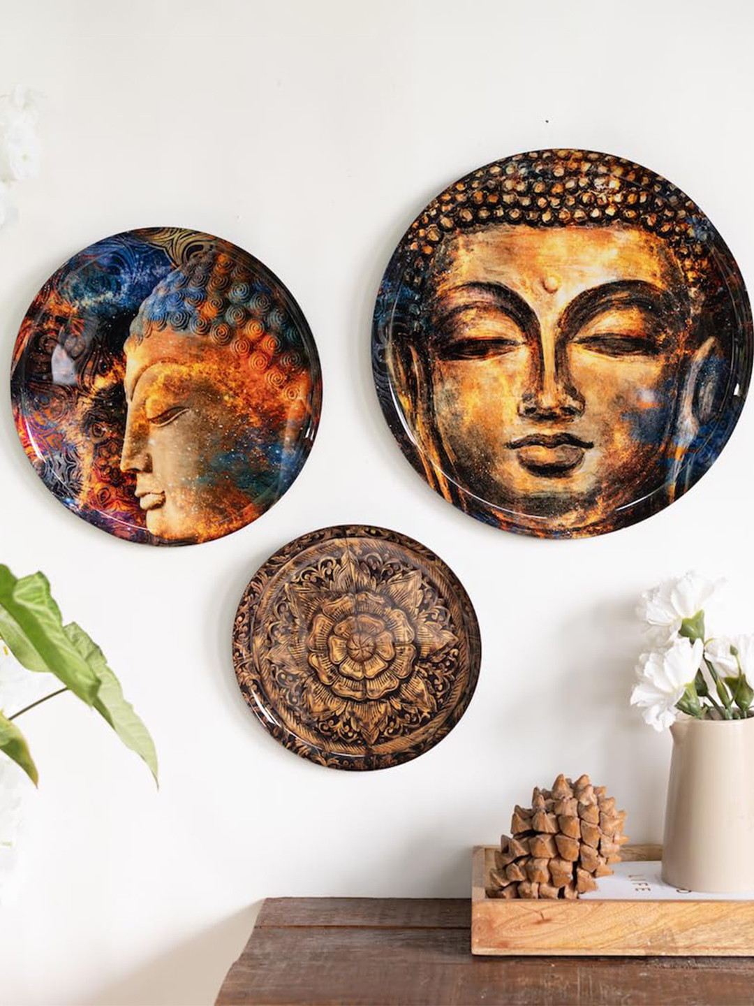 Ritualistic Nirvana Metal Ethnic Motifs Glossy Hanging Hall 3Pcs Wall Plates-12In