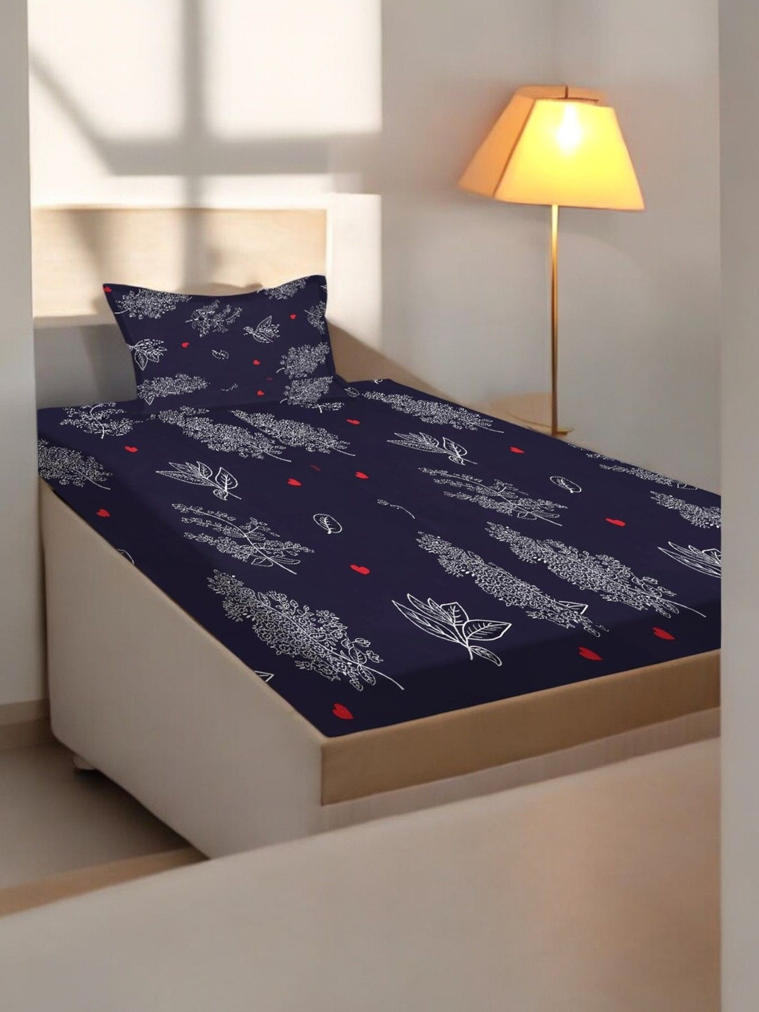 Homybees Navy Blue Floral 220 TC Single Bedsheet with 2 Pillow Covers