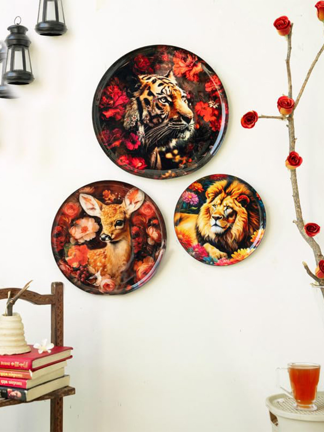 Ritualistic Vancara Madhubani Metal Floral Glossy Hanging Hall 3Pcs Wall Plates-12In
