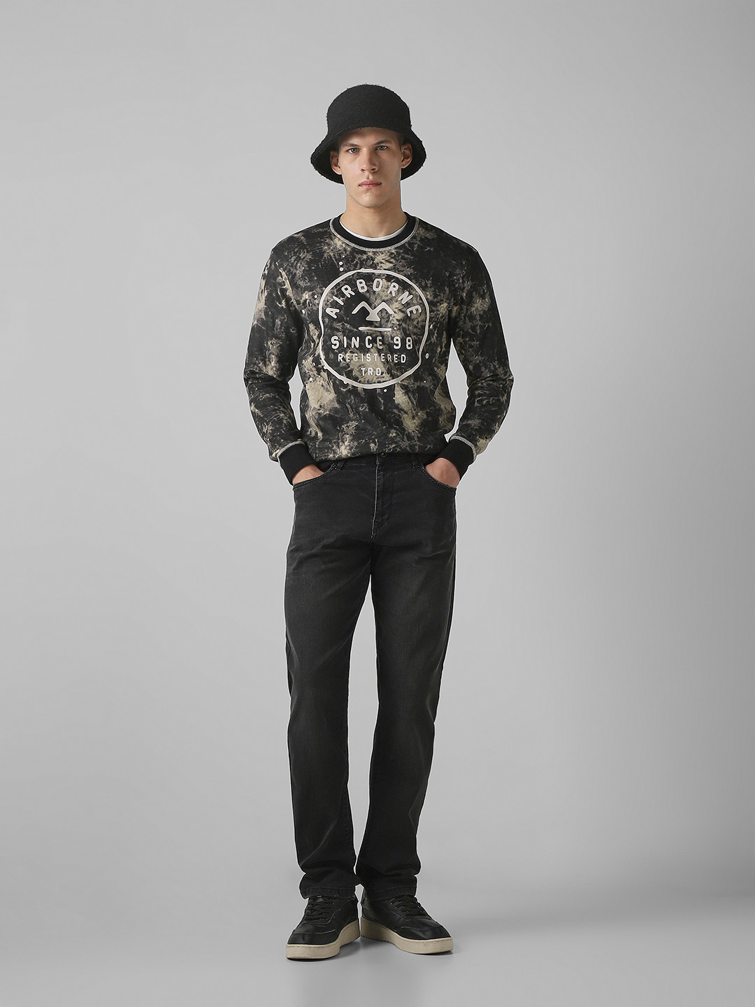 Mufti Graphic Printed Acid Washed Pullover Sweatshirt