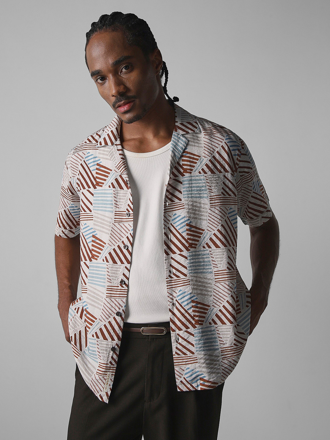 Mufti Men Cuban Collar Geometric Printed Casual Shirt