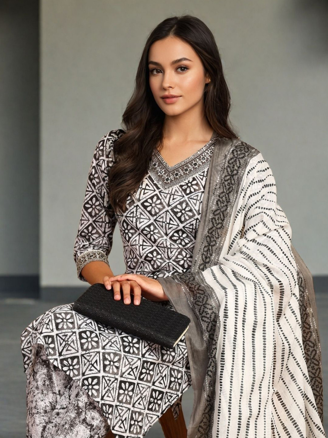 OZIA Women Geometric Printed Cotton Kurta with Trousers & Dupatta