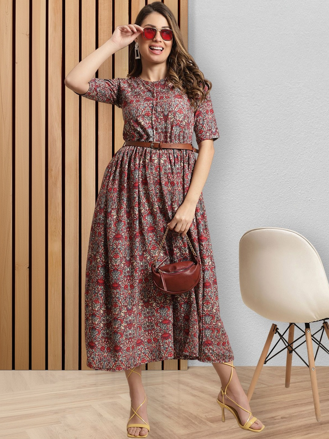 Fabflee Floral Print Fit & Flare Midi Dress