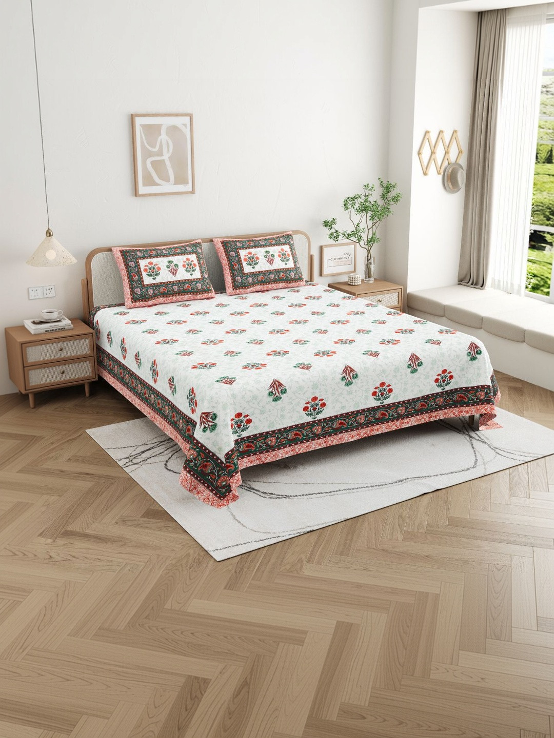 CLOTHOLOGY Rust Orange Floral Buta Virasat-e-Bagh Cotton Double Flat 180 TC Jaipuri Prints Bedsheet Set