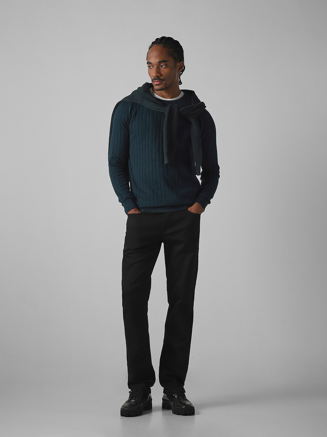 Mufti Striped Self Designed Slim Fit Long Sleeves Flat Knit Pure Cotton T-shirt