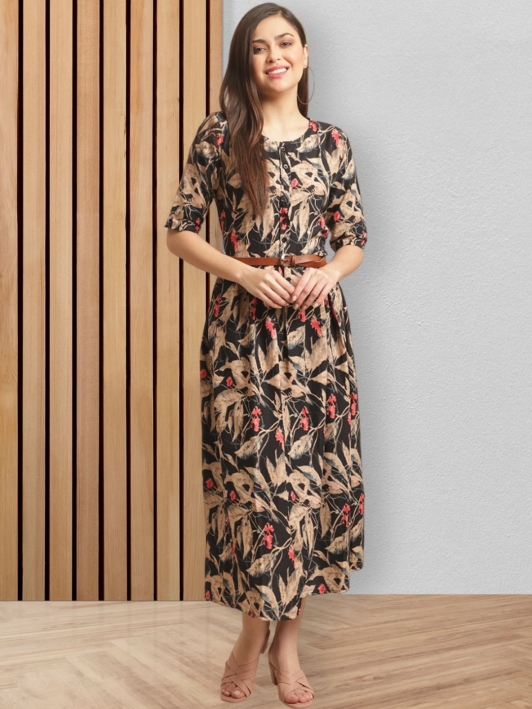 Fabflee Floral Print A-Line Midi Dress