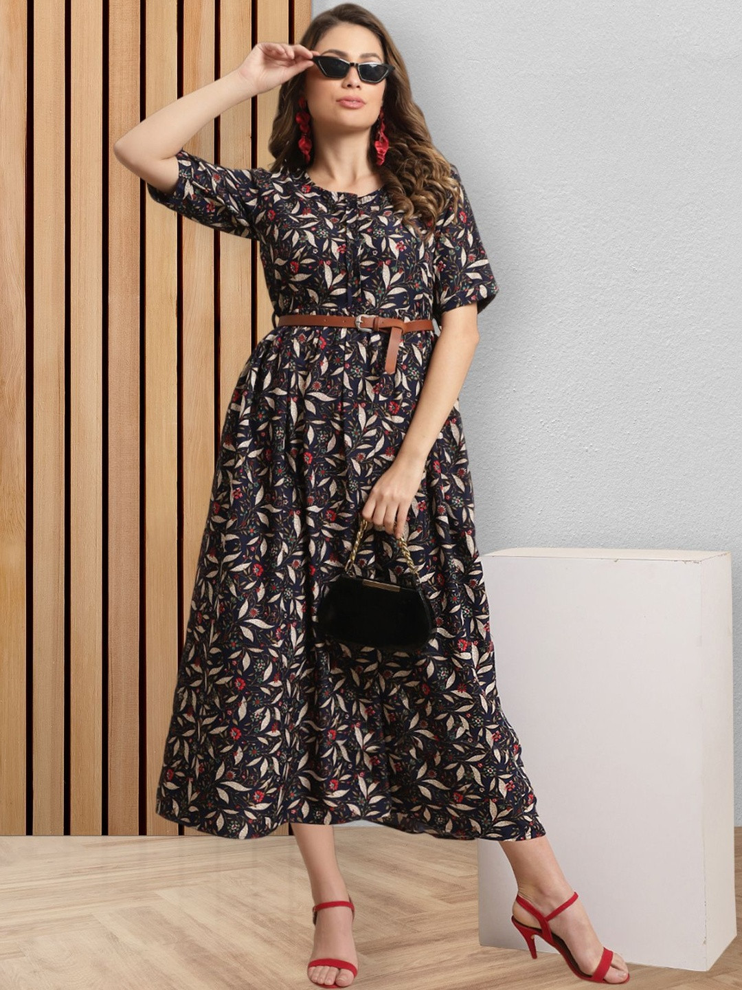 Fabflee Floral Print Fit & Flare Midi Dress