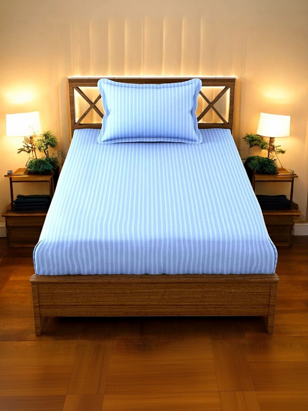 Homybees Blue Striped 220 TC Single Bedsheet with 1 Pillow Covers