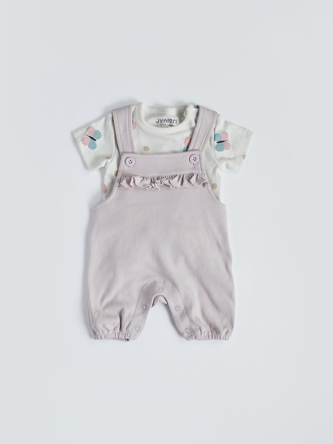 Juniors by Babyshop Infant Girls Cotton Dungaree & Butterfly Print T-shirt Set