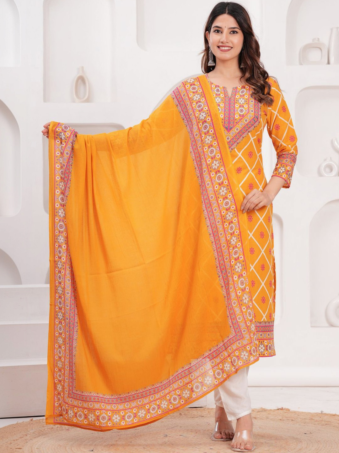 HERE&NOW Women Mustard Pure Cotton Ethinc Print Straight Fit Kurta with Dupatta