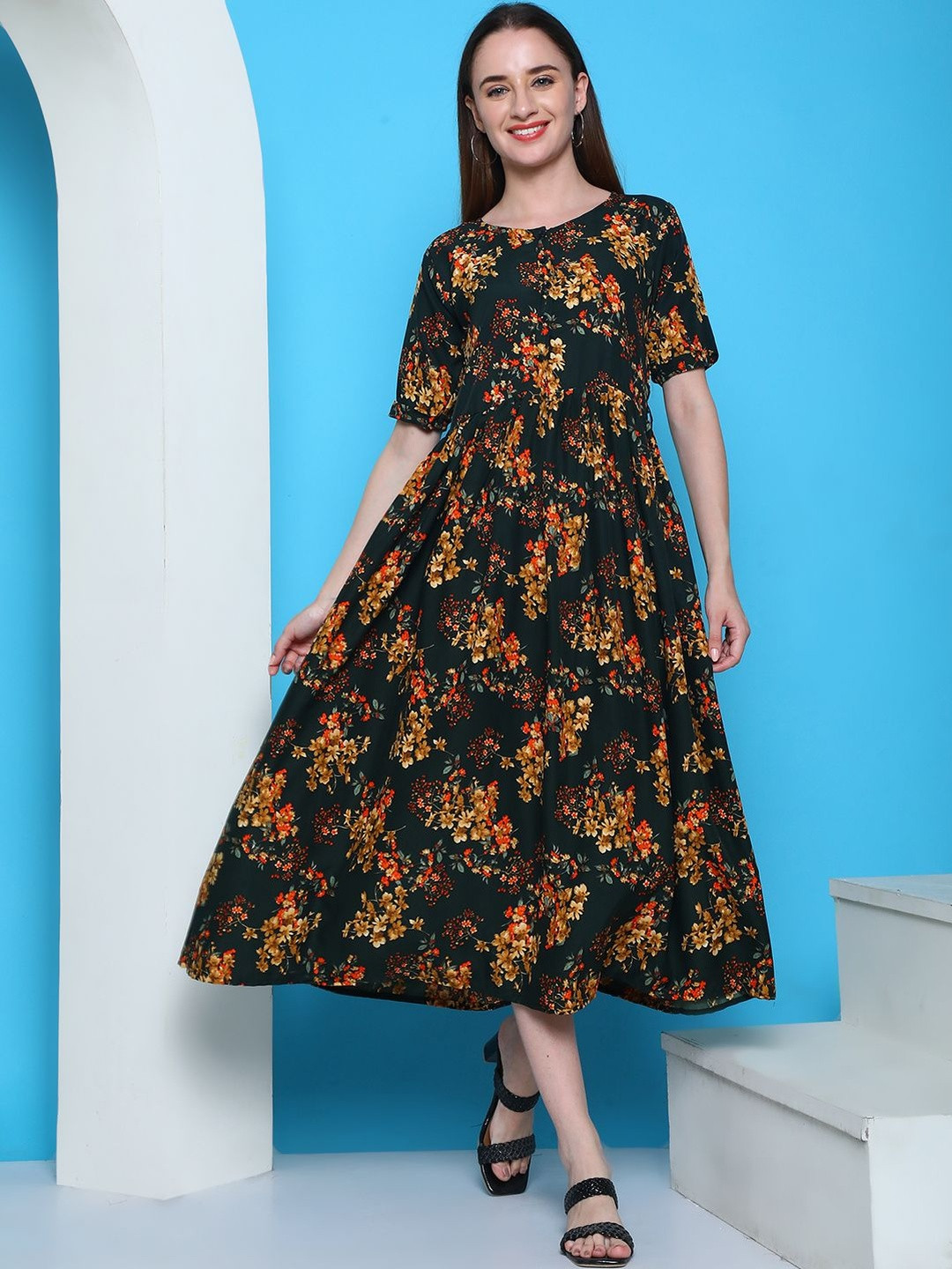 Fabflee Floral Print A-Line Midi Dress