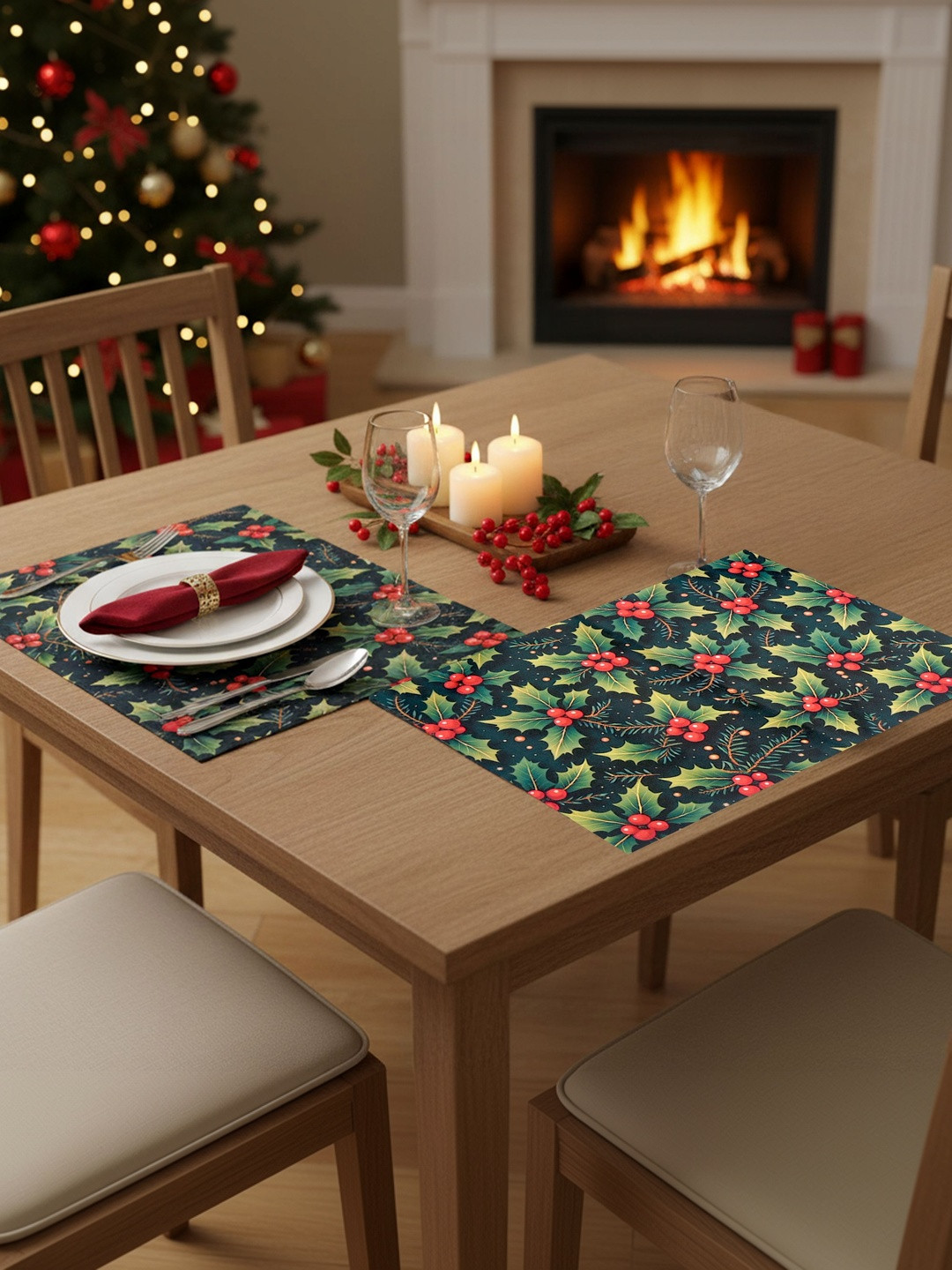 PRAKARTIK 2Pcs Red & Green Cherry Christmas Leaves Printed Rectangle Table Placemats