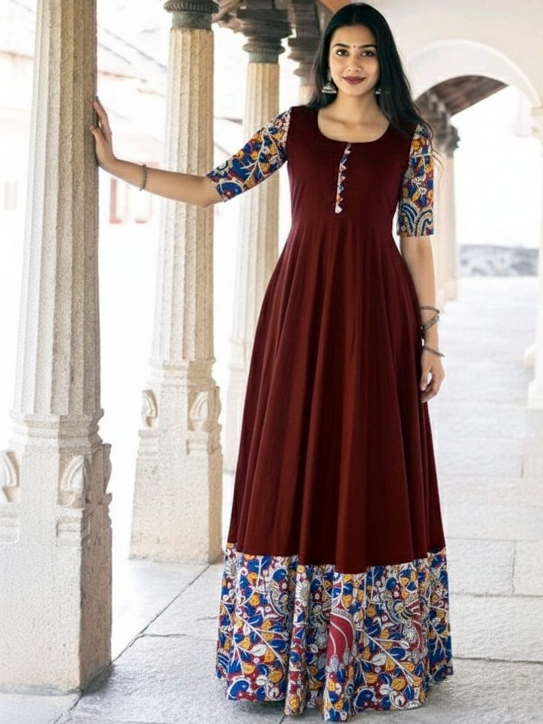 Swibona Ethnic Motifs Colourblocked A-Line Maxi Dress