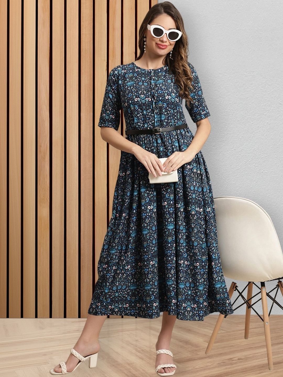 Fabflee Floral Print A-Line Midi Dress