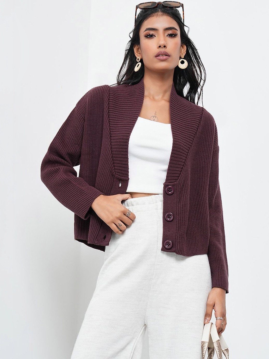AKKRITI BY PANTALOONS Women Ribbed Crop Cardigan