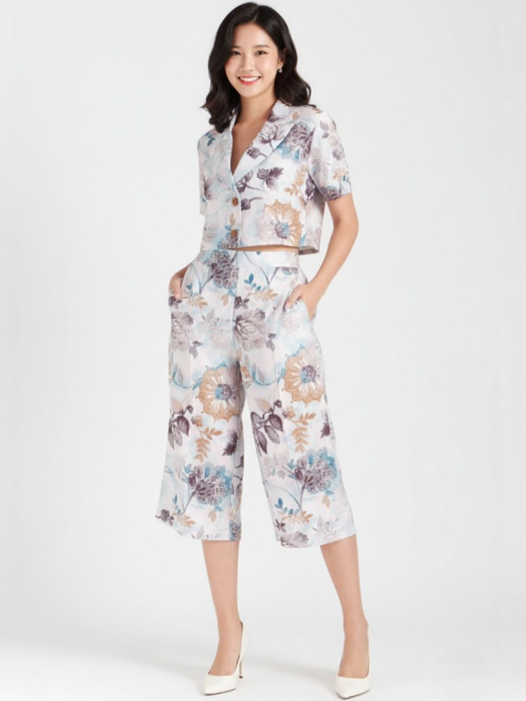 Pookiie Printed Lapel Collar Top With Trousers Co-Ords