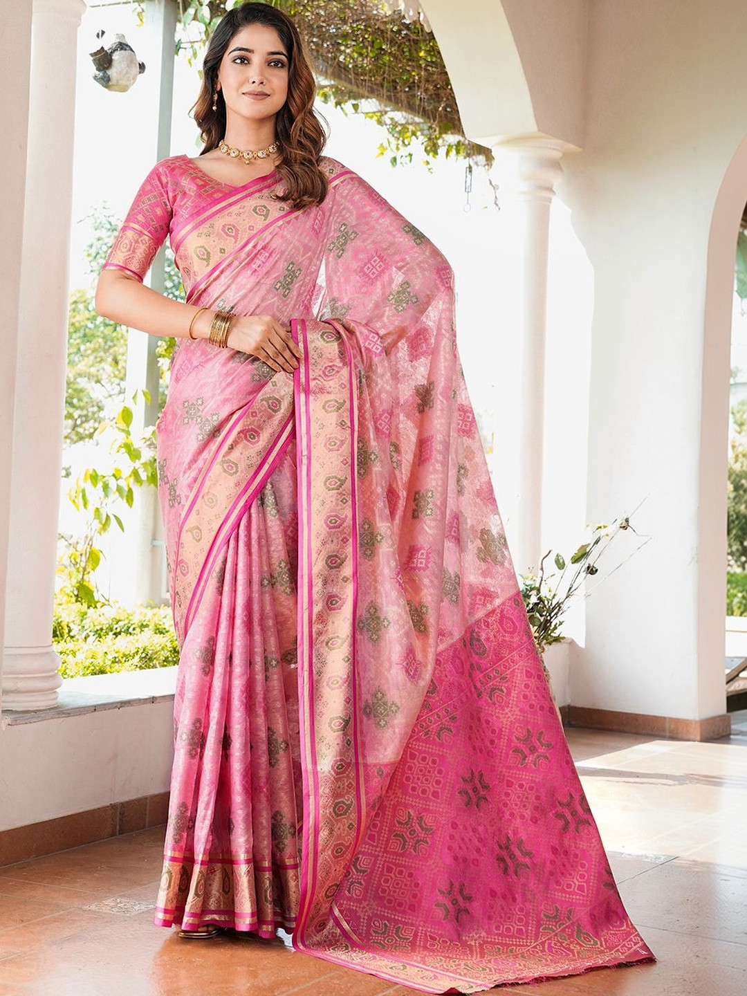 ELITE WEAVES Festive Bandhani Patola Zari Ethnic Motifs Organza Silk Saree With Unstitched Blouse