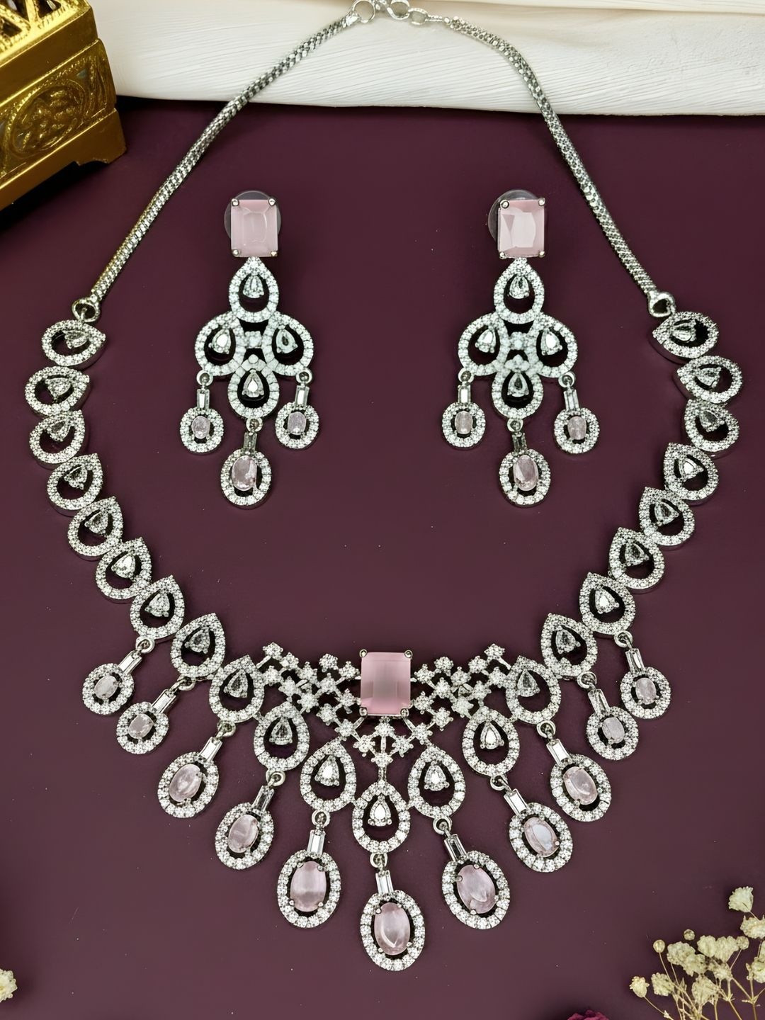 IKSAVA Silver-Plated American Diamond-Studded & Beaded Jewellery Set