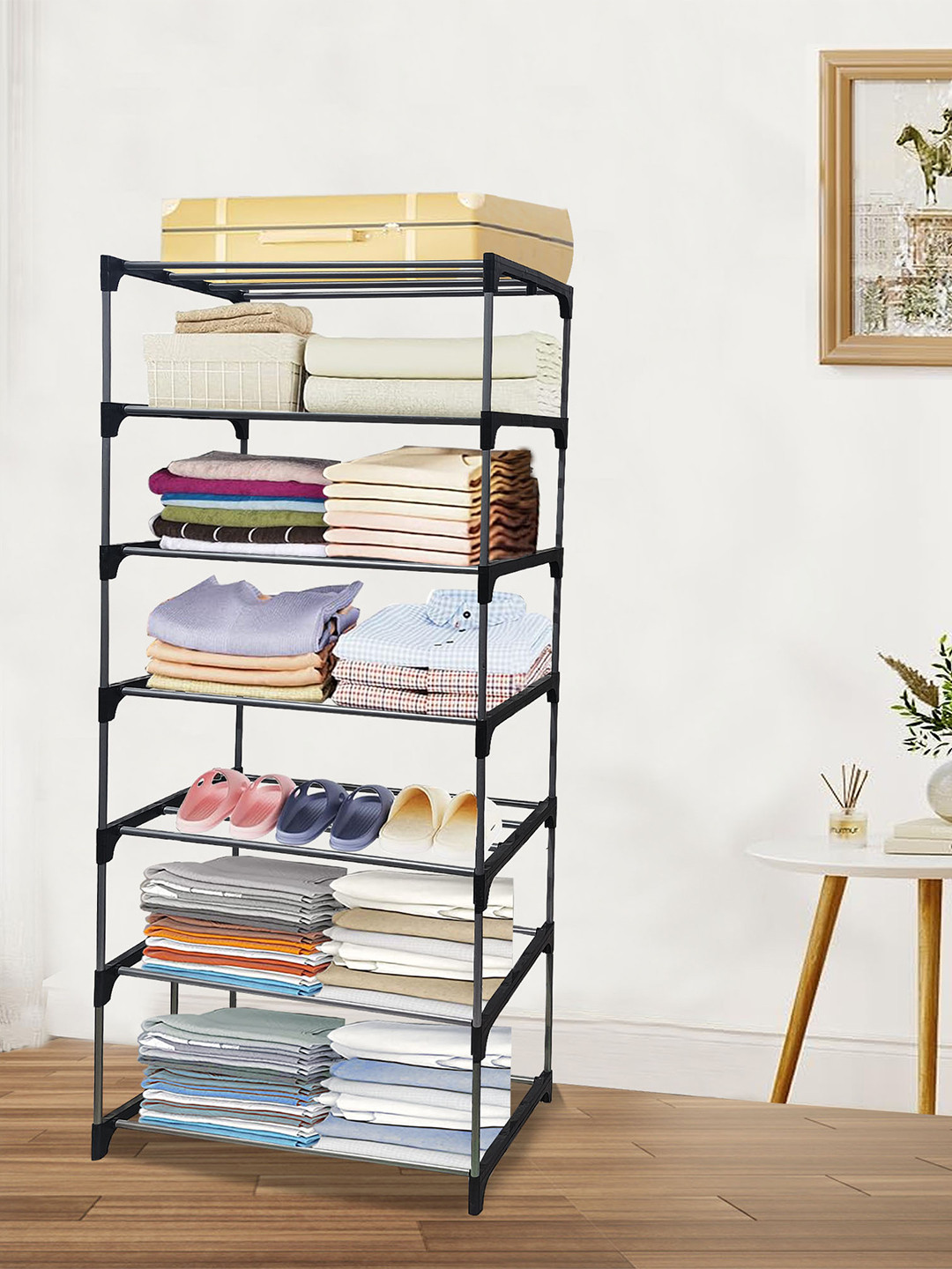 Rmerchants Black 7-Layer Metal Collapsible Wardrobe Rack