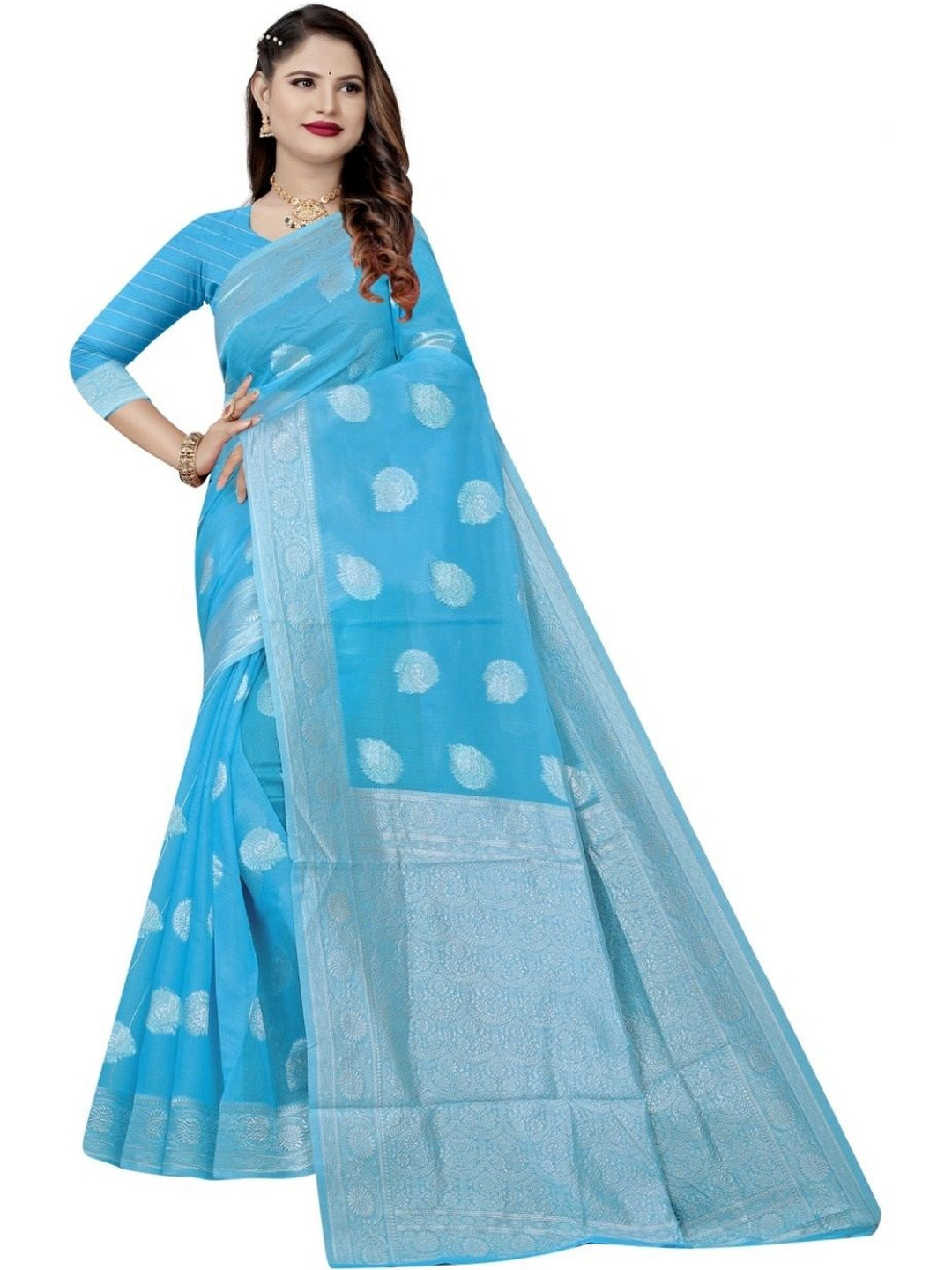 YUGAVEERAA Woven Design Zari Pure Cotton Banarasi Saree